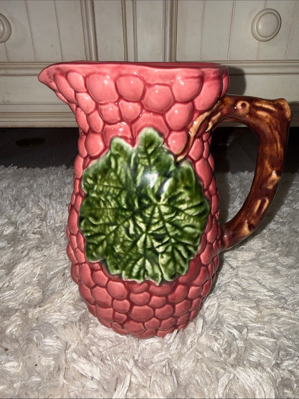 Jay Wilfred Andrea Sak Ceramic Grape-Texture Pitcher with Green Leaf Accent